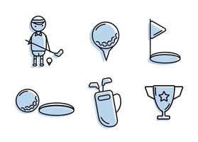 Golf icons set. Golfer with a club near the ball. Flagpole near the hole. The ball near the hole. A bag of clubs. Champion cup vector