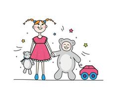 Girl with pigtails. A child with a soft bear and a car. Vector illustration.