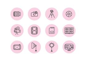 Photographer icon set. Photographer equipment icons. Photography, woking, lens, camera, memory card, photo album, tripod, shutter, camcorder, softbox, film, ring lamp. vector