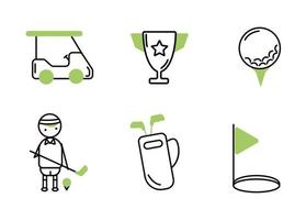 Golf icons set. Golf ball on a stand. Cup. Flagpole near the hole. A golfer with a stick near the ball on a stand. Club bag vector