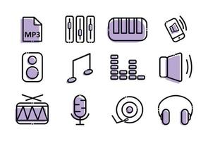 A set of music icons. Elements in the set volume, mp3 format, speaker, sound, note, synthesizer, call on the phone, player, microphone, headphones, drum vector