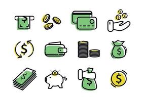 A set of money icons. Elements in the set Money, wallet, piggy bank, coins, bag of money, credit cards vector