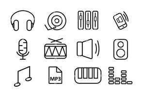 A set of music icons. Elements in the set volume, mp3 format, speaker, sound, note, synthesizer, call on the phone, player, microphone, headphones, drum vector