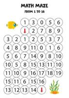 Get cute yellow butterfly fish to the seaweed by counting to 16. vector