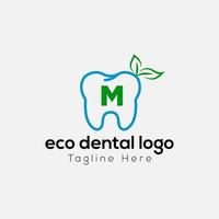 Eco Dental Logo On Letter M Template. Eco Dental On M Letter, Initial Eco Dental, Teeth Sign Concept vector