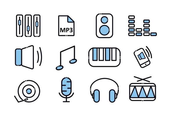 A set of music icons. Elements in the set volume, mp3 format, speaker, sound, note, synthesizer, call on the phone, player, microphone, headphones, drum