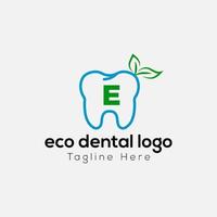 Eco Dental Logo On Letter E Template. Eco Dental On E Letter, Initial Eco Dental, Teeth Sign Concept vector