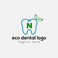 Eco Dental Logo On Letter N Template. Eco Dental On N Letter, Initial Eco Dental, Teeth Sign Concept vector