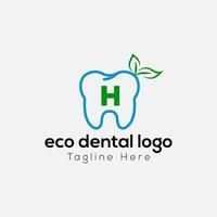 Eco Dental Logo On Letter H Template. Eco Dental On H Letter, Initial Eco Dental, Teeth Sign Concept vector