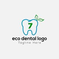 Eco Dental Logo On Letter 7 Template. Eco Dental On 7 Letter, Initial Eco Dental, Teeth Sign Concept vector