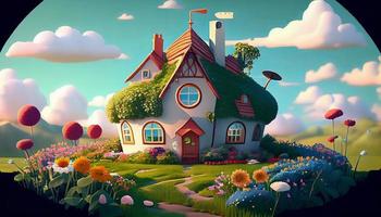 pequeño linda acogedor comodidad casa pueblo país casa edificio y césped jardín paisaje escena ver ilustración foto