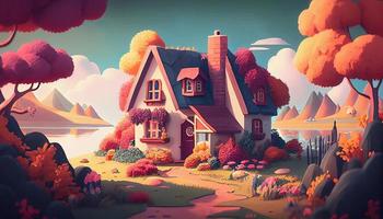 Small Cute Cozy Comfort House Village Country House Building and Grass Garden Landscape Scene View Illustration photo