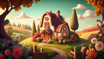 Small Cute Cozy Comfort House Village Country House Building and Grass Garden Landscape Scene View Illustration photo