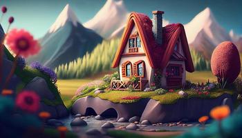 Small Cute Cozy Comfort House Village Country House Building and Grass Garden Landscape Scene View Illustration photo