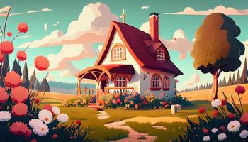 Small Cute Cozy Comfort House Village Country House Building and Grass Garden Landscape Scene View Illustration photo