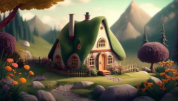 Small Cute Cozy Comfort House Village Country House Building and Grass Garden Landscape Scene View Illustration photo