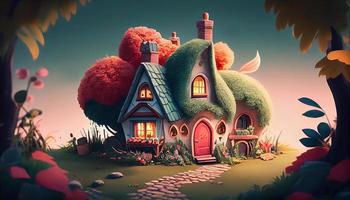 Small Cute Cozy Comfort House Village Country House Building and Grass Garden Landscape Scene View Illustration photo