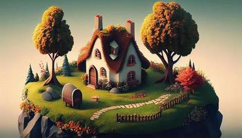 Small Cute Cozy Comfort House Village Country House Building and Grass Garden Landscape Scene View Illustration photo