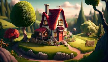 Small Cute Cozy Comfort House Village Country House Building and Grass Garden Landscape Scene View Illustration photo