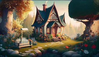 Small Cute Cozy Comfort House Village Country House Building and Grass Garden Landscape Scene View Illustration photo