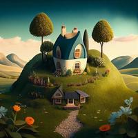 Small Cute Cozy Comfort House Village Country House Building and Grass Garden Landscape Scene View Illustration photo