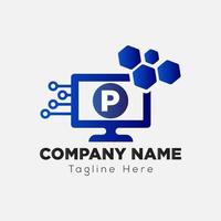 Computer Tech Logo On Letter P Template. Connection On P Letter, Initial Computer Tech Sign Concept vector