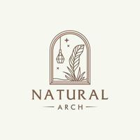 místico puerta logo, antiguo arco arquitectura Entrada y ventana icono, con mínimo colgando lámpara, ventana y natural hojas en contemporáneo estético boho estilo vector