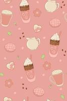 Seamless pattern with sakura coffee and desserts. Vector graphics.