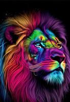 Rainbow Lion head print. ai render. photo