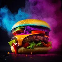 Hot beef burger in colorful smoke. . photo