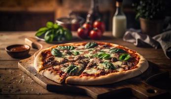 Photo of hot fresh and delicious pizza on wooden table