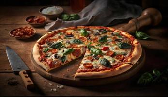 Photo of hot fresh and delicious pizza on wooden table
