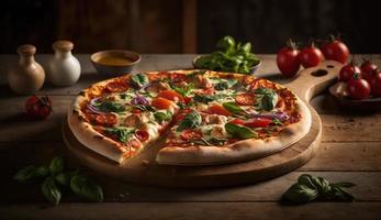 Photo of hot fresh and delicious pizza on wooden table