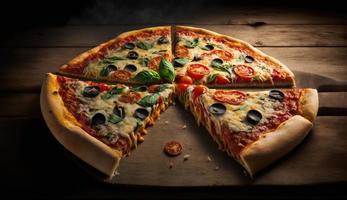 Photo of hot fresh and delicious pizza on wooden table