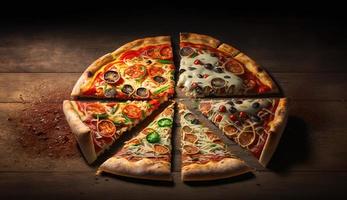 Photo of hot fresh and delicious pizza on wooden table