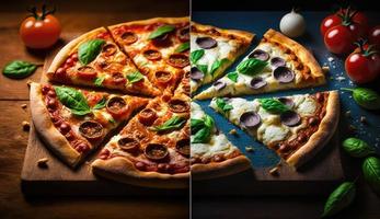 Photo of hot fresh and delicious pizza on wooden table