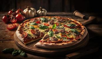 Photo of hot fresh and delicious pizza on wooden table