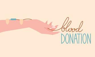 Blood donation concept flat banner with lettering. Cartoon female hand with catheter, medical plaster and tubes. vector