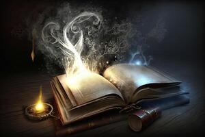 Open magical book with glowing lights over pages on abstract background. Fantasy reading. Created with photo
