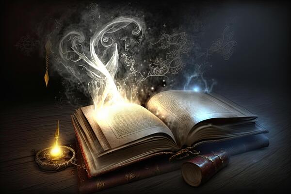 Open magical book with glowing lights over pages on abstract background.  Fantasy reading. Created with Generative AI 21856912 Stock Photo at Vecteezy