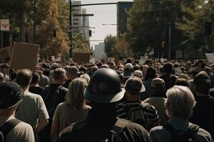 espalda ver de agresivo personas protestando a ciudad calle. protesta activistas multitud con levantamiento puños enojado personas hacer revolución. creado con generativo ai foto