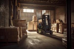 Forklift for loading pallets with packages in warehouse interior. Commercial distribution warehouse with shelves and boxes. Created with photo