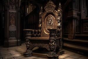 Empty royal throne in dark castle hall. Fantasy medieval throne for king. Created with photo