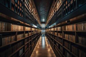 Interior of library with many bookshelves. Rows of cabinets with old books in library. Knowledge and education. Created with Generative AI photo