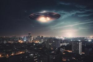 Flying saucer flying in the sky over night city. UFO invasion. Alien abduction. Created with photo