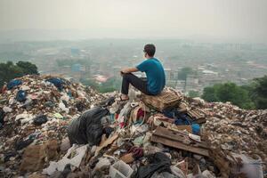 Mam sitting on top of huge dump with a lot of plastic waste and various used garbage. Environmental pollution concept. Created with photo