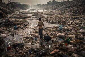 mam en pie en un enorme tugurio con un lote de el plastico residuos y varios usado basura. ambiental contaminación concepto. creado con generativo ai foto