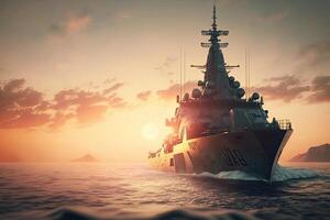 Modern warship in the sea at sunset. Military force ship sailing in ocean. Created with photo