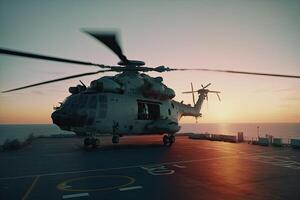 Military helicopter on warship board at sunset. Navy helicopter on board the aircraft carrier in the sea. Created with photo