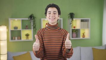 Happy boy is satisfied and giving approval. Okay sign. Happy and cute boy looking at the camera at home and making the okey sign with a smile. video